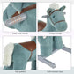 Blue plush rocking horse close-up details: bear plush, brown saddle, white mane