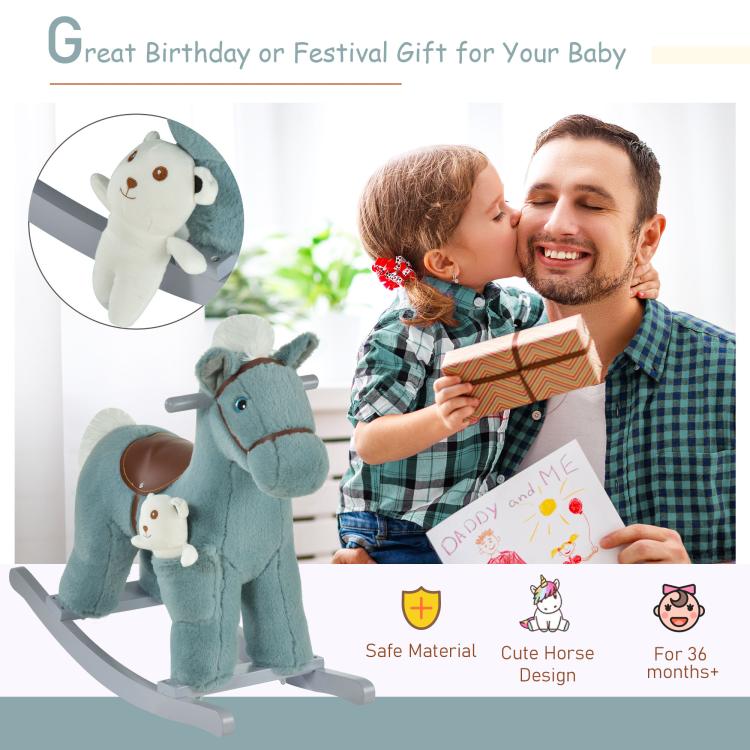 Blue plush rocking horse with bear plush and gray rockers, gift-ready design