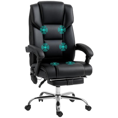 Black PU office massage chair with padded headrest, armrests, and chrome rolling base.