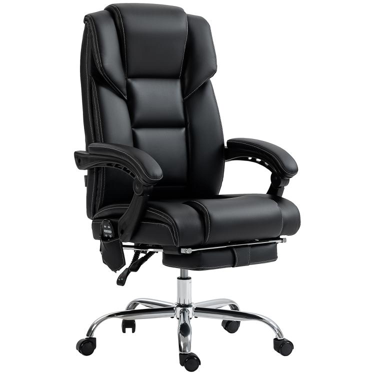 Black PU office massage chair with reclining back, padded footrest, and chrome caster base.