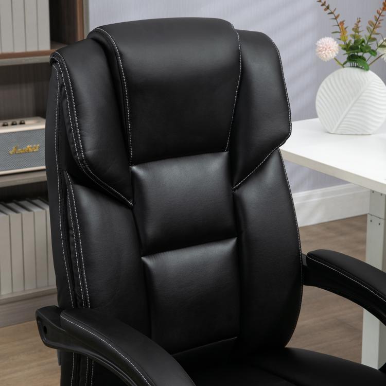Black PU leather office chair with padded headrest, armrests, and curved back