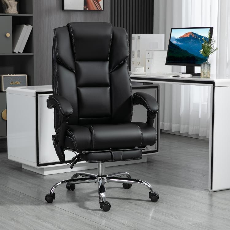 Black PU office massage chair with tall backrest, padded seat, and chrome wheeled base.
