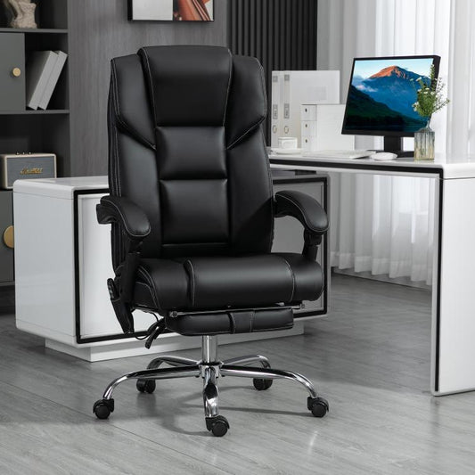 Black PU office massage chair with tall backrest, padded seat, and chrome wheeled base.