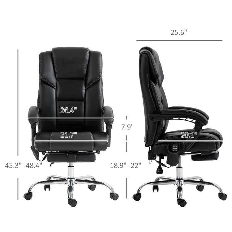 Black PU massage office chair with headrest, armrests, padded seat, and chrome swivel base.