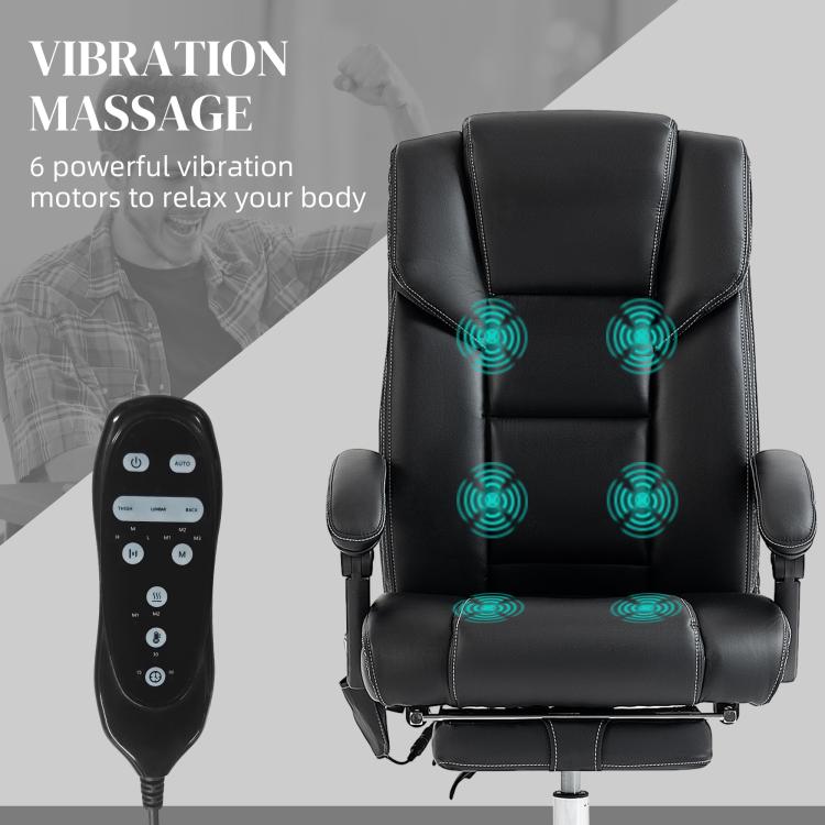 Black PU massage office chair with padded headrest, seat, and handheld remote controller.
