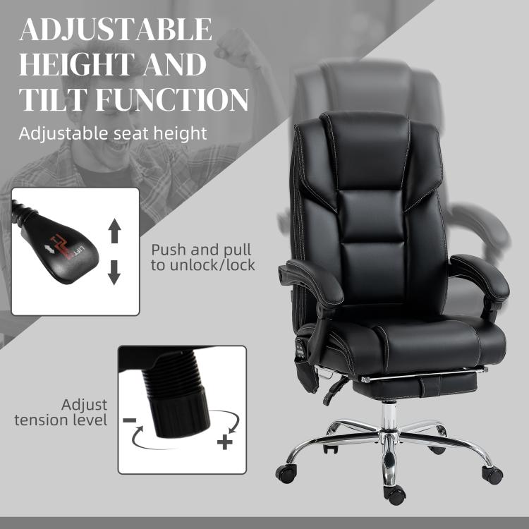 Black PU office massage chair with adjustable height recline controls and chrome rolling base.