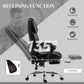 Black PU office massage chair reclined with visible footrest and chrome swivel base.