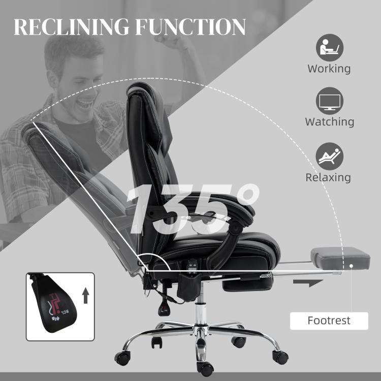 Black PU office massage chair reclined with visible footrest and chrome swivel base.