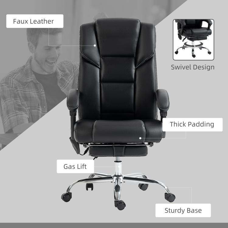 Black PU office massage chair with thick padding, swivel base, and chrome gas-lift column.