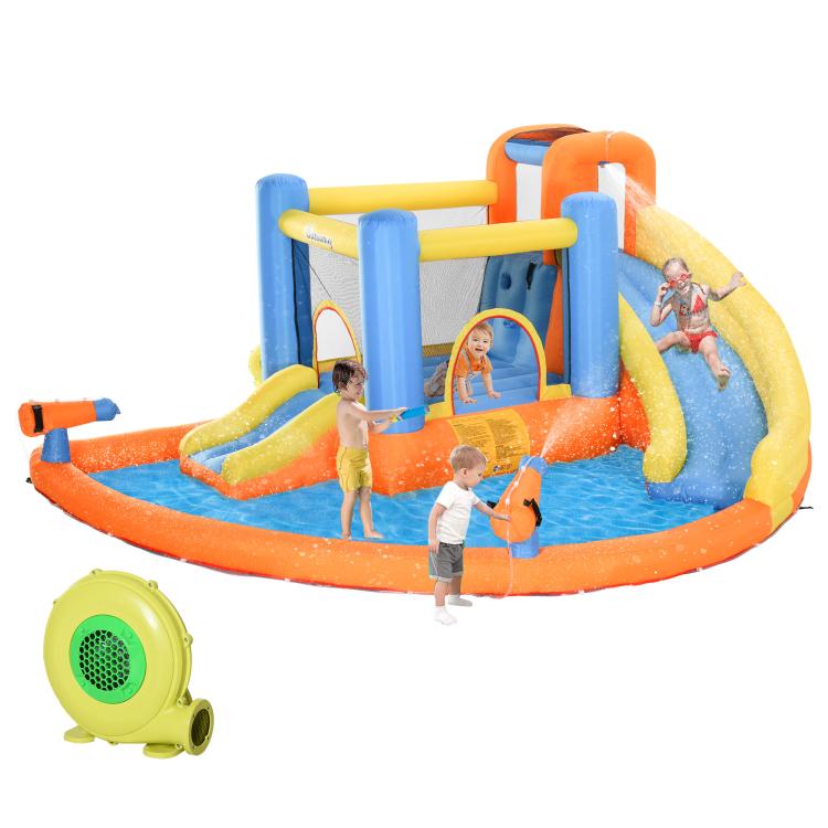 Kids inflatable bounce house with water slide, orange pool, blue walls, and water guns
