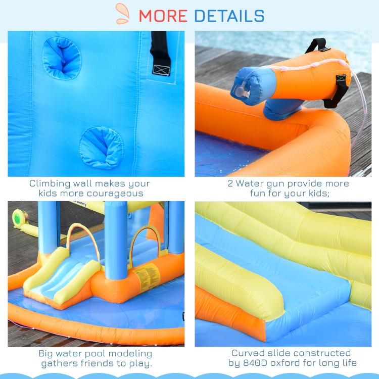 Kids inflatable bounce house water pool with blue climbing wall panels and circular openings