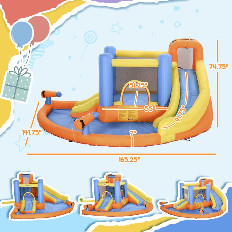 Kids inflatable bounce castle size diagram with water pool, slide, and water gun positions
