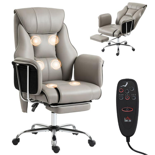 Gray high-back massage office chair with PU leather look, footrest, and remote controller