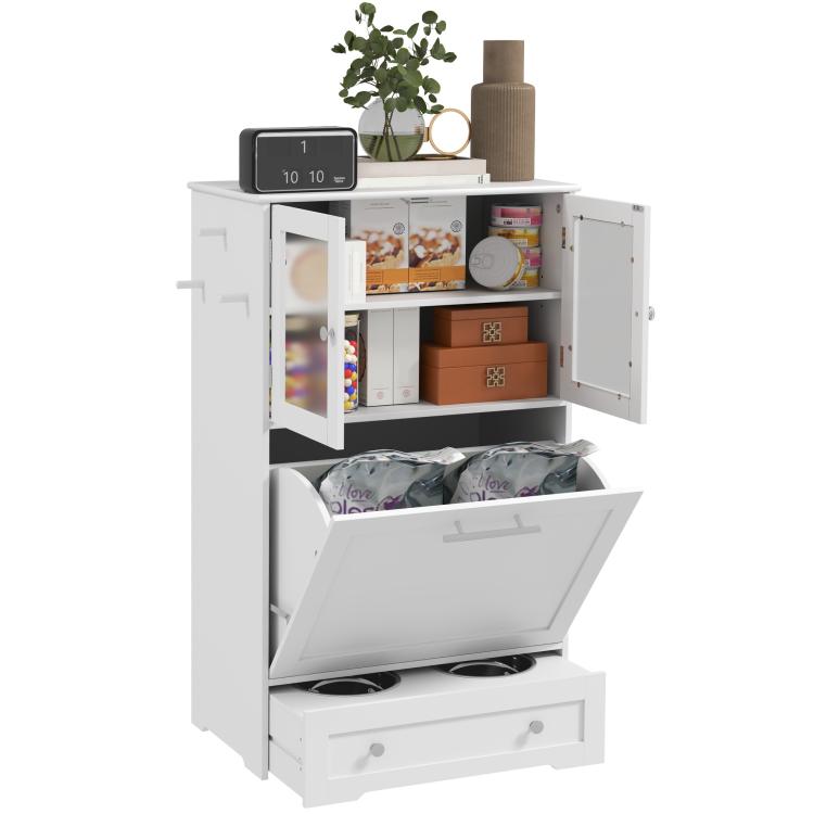 White dog feeding station with open cabinets and a lower drawer storage bin