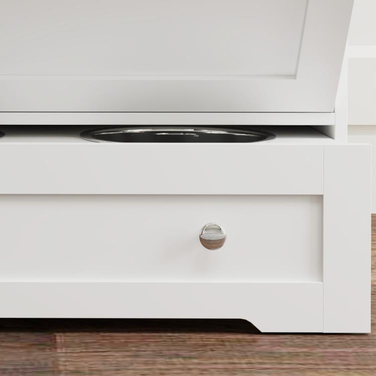 White dog feeding station base cabinet with round knob and open shelving