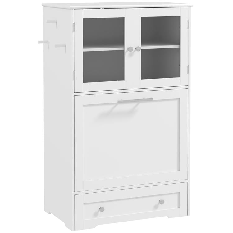 White dog feeding station with two storage cabinets and lower drawer