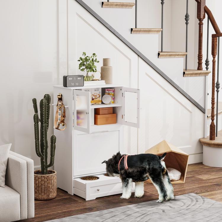 White elevated dog feeding station with open storage door and lowered front tray