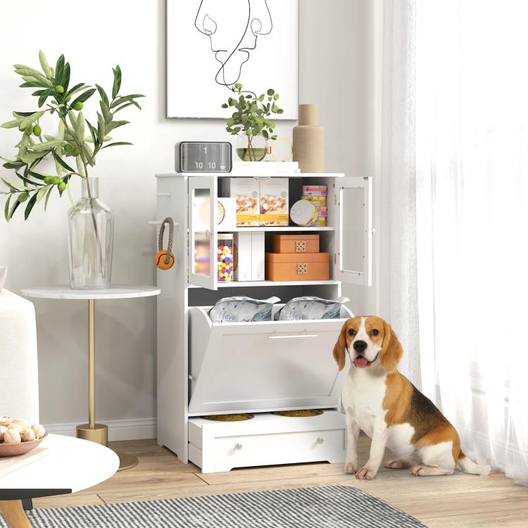 White dog feeding station with two side openings, storage cabinets, and raised bowls area