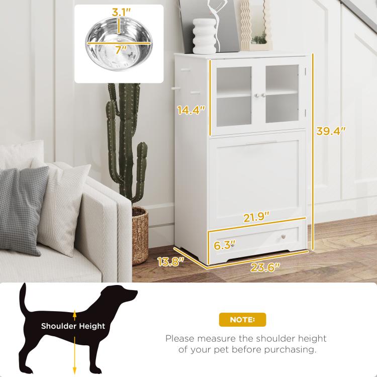 White dog feeding station front view with open tray and cabinet doors, shown with dimensions