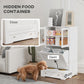 White dog feeding station with hidden food container drawer open and storage shelves