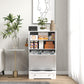 White dog feeding station with open upper storage shelves and front drawer