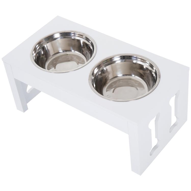 White wooden raised pet bowl stand with two stainless steel food and water bowls