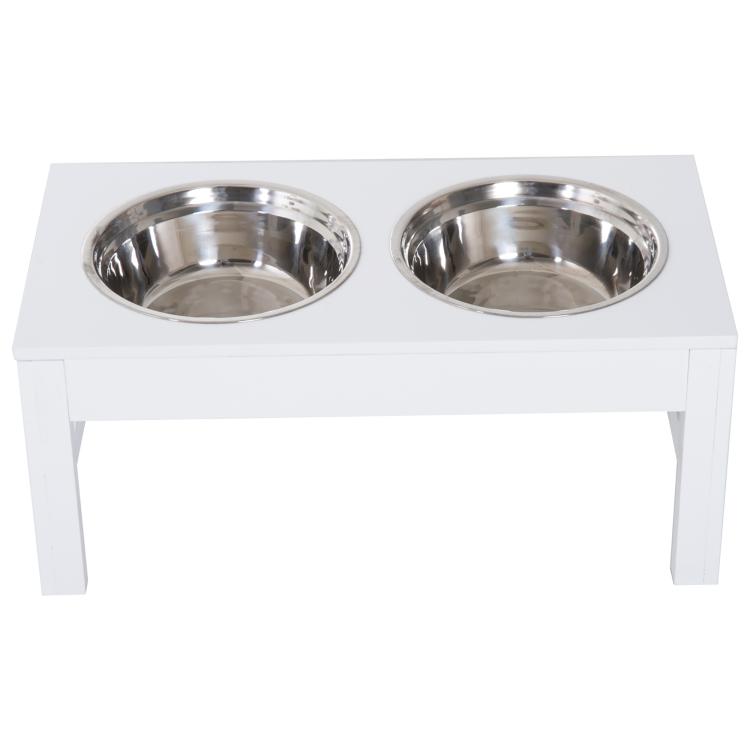 White raised pet feeding stand with two stainless steel bowls on square legs
