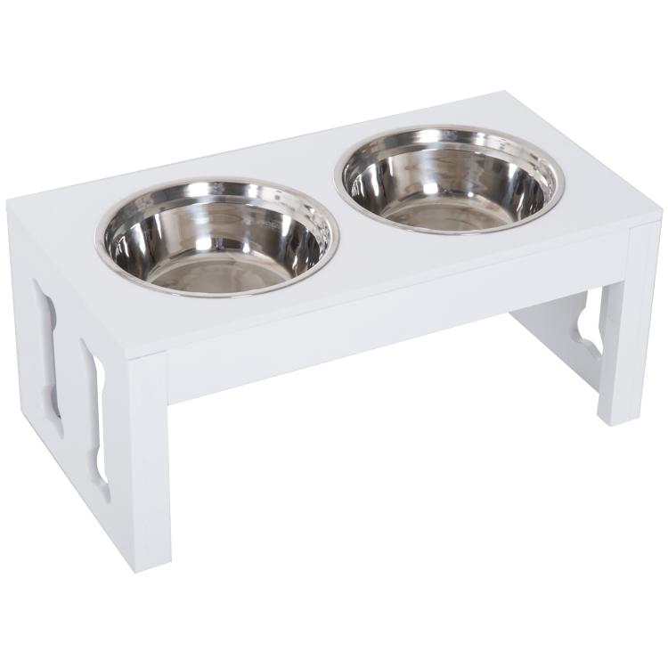 White elevated dog bowl stand with two stainless bowls and side cutout panels