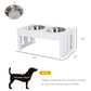 White wooden pet feeder stand with two stainless bowls; size diagram shown