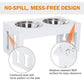 White wooden raised feeder with two stainless bowls; no-spill side panels detail