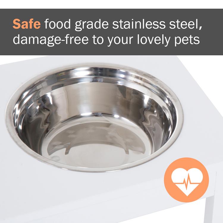 Close-up of stainless steel dog bowl insert on a white elevated feeder stand