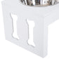 White wooden elevated feeder stand with decorative cutout side panels