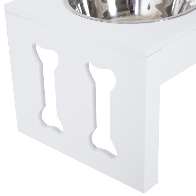 White wooden elevated feeder stand with decorative cutout side panels