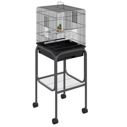 Black metal indoor bird cage with rolling stand and black base tray