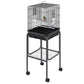Black metal parrot bird cage with front opening and wheeled stand base