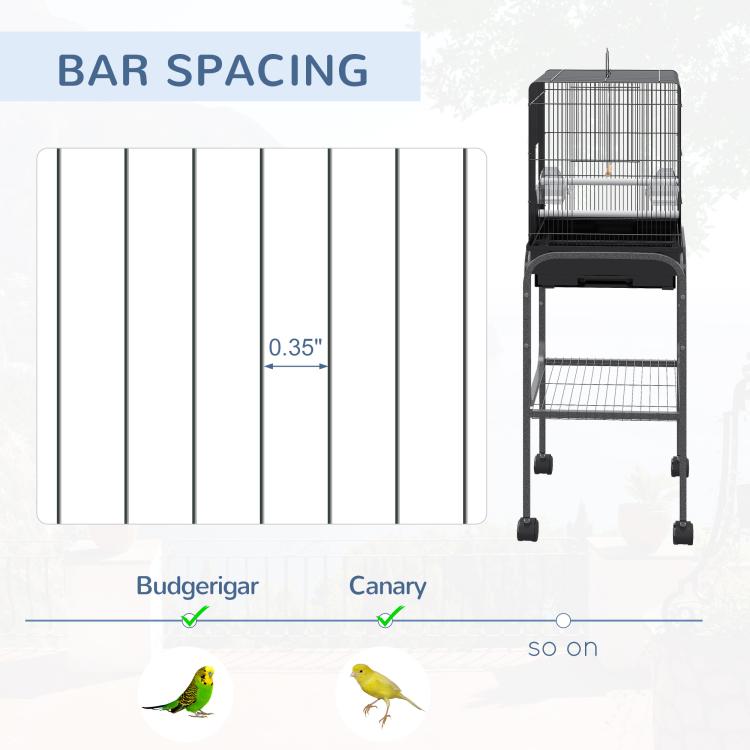 Black metal bird cage showing narrow bar spacing for small birds