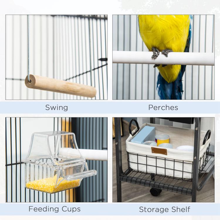 Bird cage interior with swing, perches, feeding cups, and storage shelf