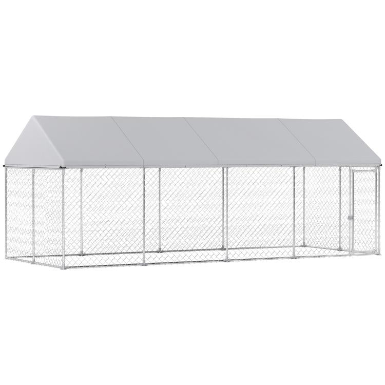 Rectangular dog kennel with chain-link panels and grey sloped roof