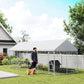 Outdoor dog kennel with chain-link panels, grey roof, and kennel door
