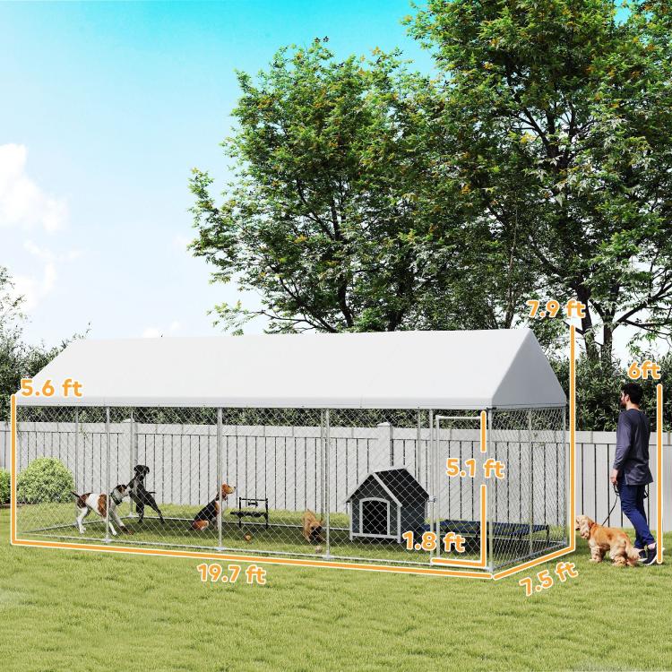 Large outdoor dog kennel with chain-link sides and grey waterproof roof