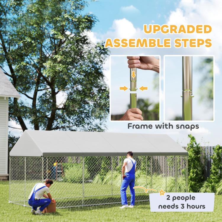 Assembled dog kennel frame with snap-fit joints, chain-link sides, grey roof