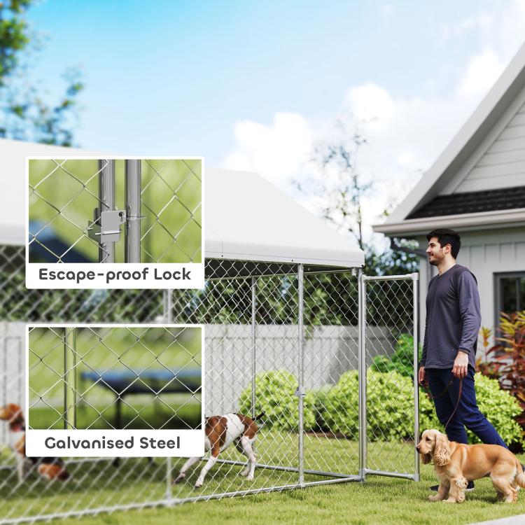 Dog kennel with secure escape-proof door lock and galvanized steel chain-link panels