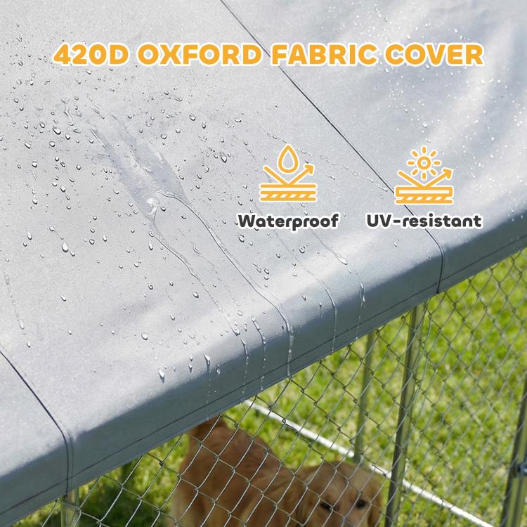 Waterproof oxford fabric cover on grey kennel roof with water-bead detail