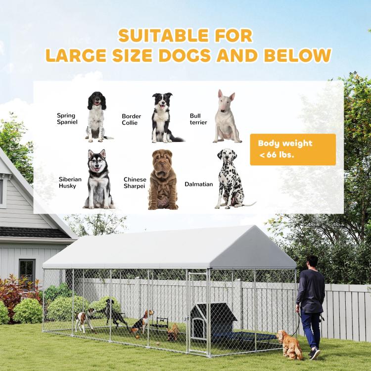 Outdoor dog kennel with chain-link fencing and grey roof for larger dogs