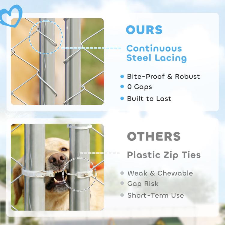 Silver metal outdoor dog kennel with continuous steel lacing and wire mesh panels