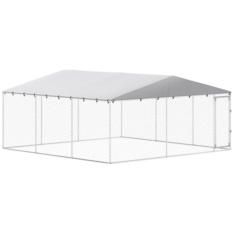 Outdoor dog kennel with silver metal mesh walls and gray waterproof roof cover