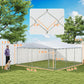 Outdoor dog kennel with silver frame and gray waterproof roof, chain-link panels, ground-level view