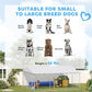 Outdoor dog kennel with silver frame and gray waterproof roof, chain-link walls with two dogs in view