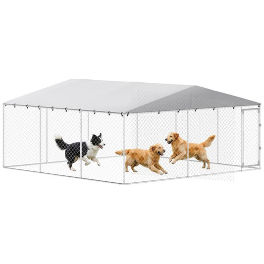 Outdoor dog kennel with silver metal frame, gray waterproof roof, and chain-link walls; three dogs inside