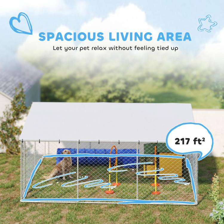 Outdoor dog kennel with silver frame, gray waterproof roof, chain-link walls and blue accessories inside